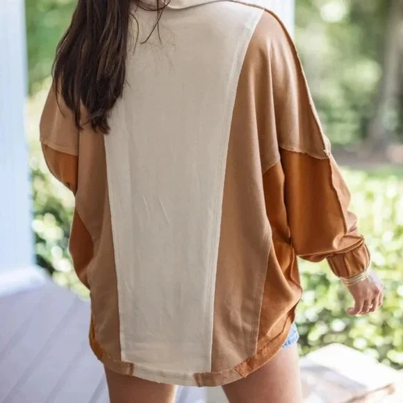 Sunland 17 Oversized Tan Brown Cream Contrast Patchwork Top. Size Small. - Picture 4 of 16